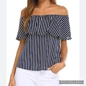 Sherosa Blue White Striped Off the Shoulder Flounce Ruffle Top M Nautical Chic